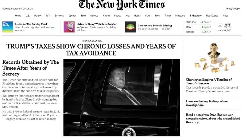 《纽时》爆川普过去15年10年未缴所得税 总统斥“假新闻”