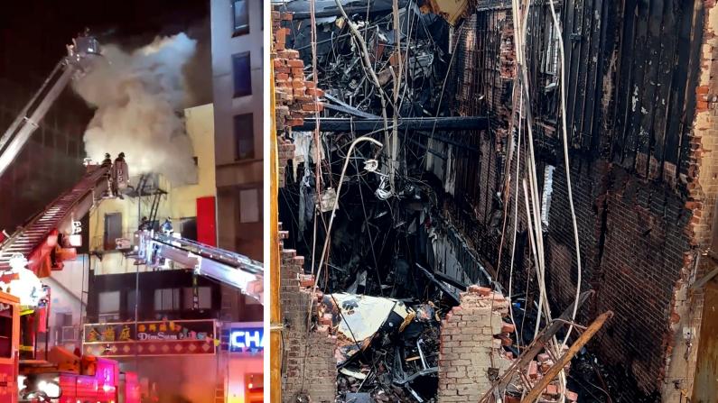 纽约华埠发生五级大火 楼内全部坍塌 烧成废墟