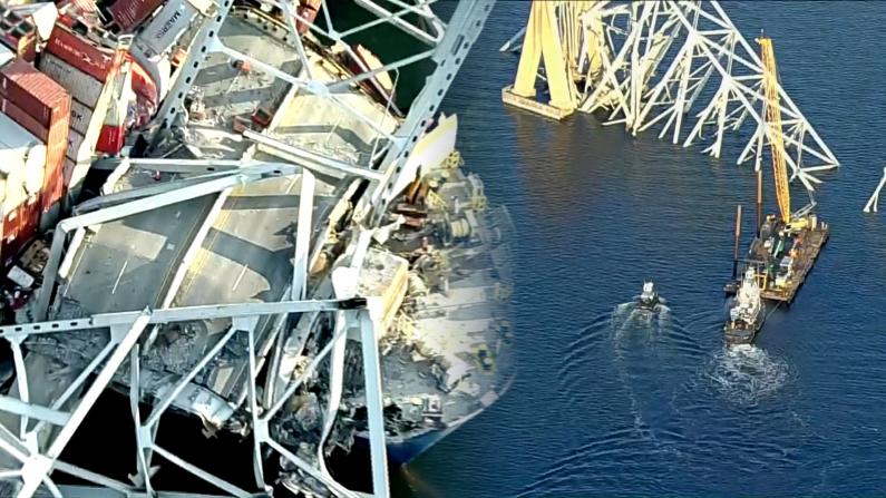 最大起重机清理撞桥现场 货船堪比埃菲尔铁塔长